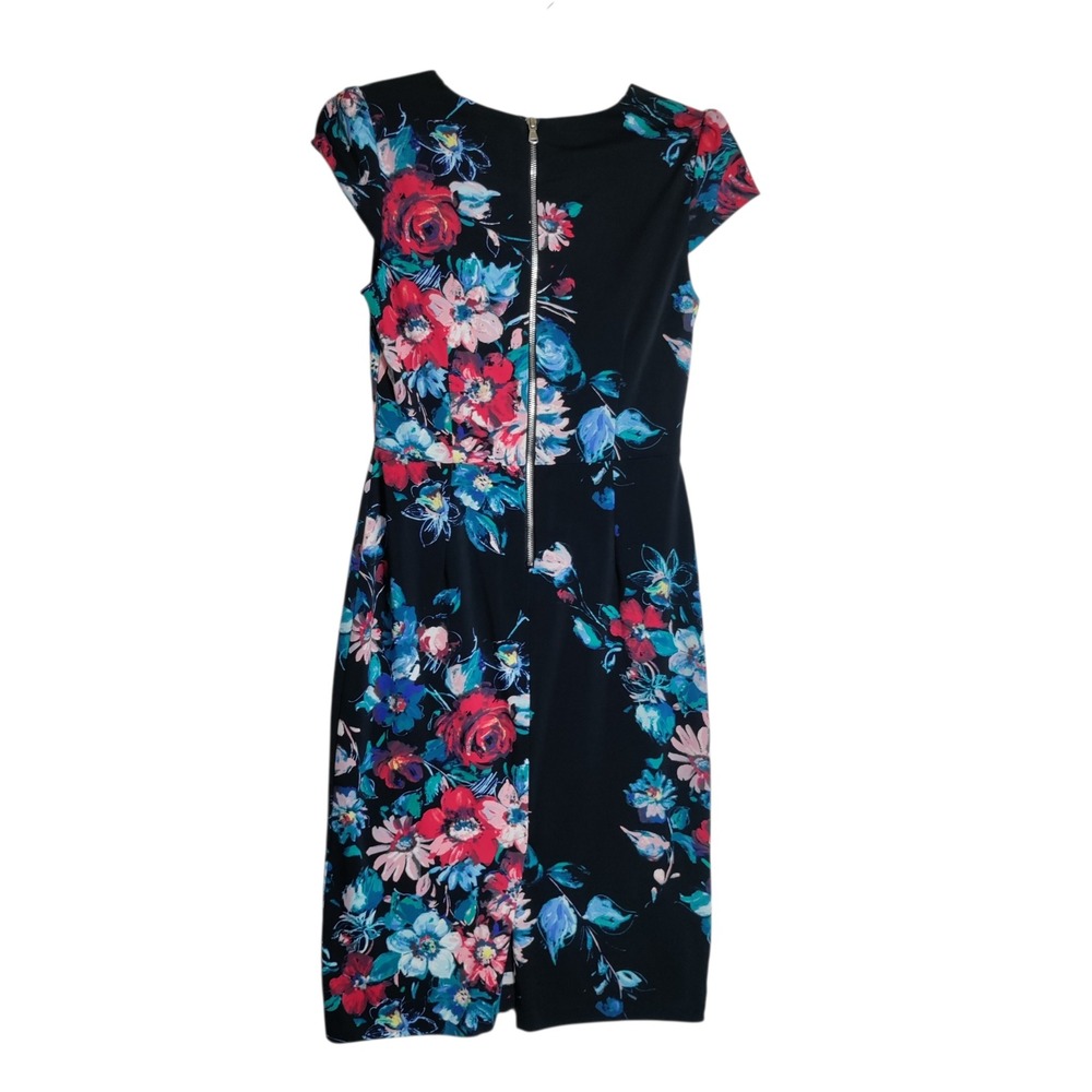 Betsey Johnson Floral Cap Sleeve Sheath Dress Black Pink Blue Size 4